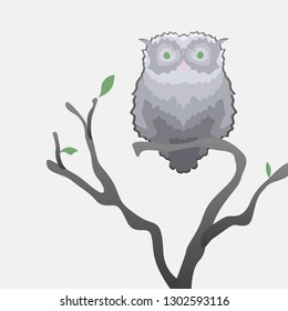 Sticker wild gray owl on flowering branch. A wild gray owl is suitable as a logo and for decorating a website or a postcard.