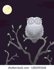 Sticker wild gray owls at night with the moon on a flowering branch. A wild gray owl is suitable as a logo and for decorating a website or a postcard.