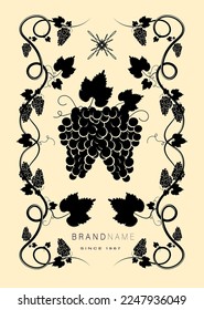 Sticker for wine or juice packaging. Bunch of grapes with leaves and tendrils. Autumn harvest. Advertising label with berry silhouette. Simple flat vector