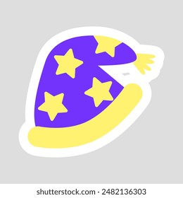 Sticker with wizard or magician hat with stars, cartoon style vector for kids