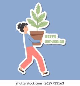 Sticker of woman carrying potted houseplant