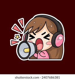 sticker of woman screaming using loudspeaker, cartoon style, kawaii