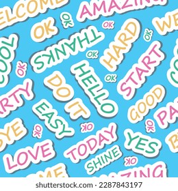 sticker words pattern. motivation phrase, dialogue colored words. vector funny simple cartoon letters.