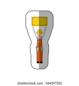 sticker worker with toolkit and plaque up with blond hair