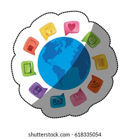 sticker world map globe with dialogue social icons vector illustration