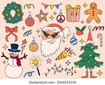 Sticker Xmas. Santa Claus cartoon isolated elements set. Wreath, tree and wrapped gift. Icon New Year retro. Funny winter. Groovy Merry Christmas comic decorative. Vector cool vintage groovy design