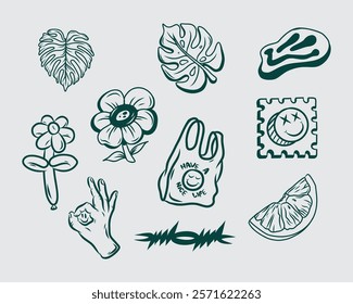 Sticker y2k clip art element flower leaf lemon and smile vector tattoo style t shirt design isolated editable