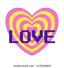 Sticker in Y2k style.Sticker in the shape of an offsetting heart with the word Love. Retro pixel font. Nostalgia for the 2000s. Simple flat vector illustration isolated on a white background