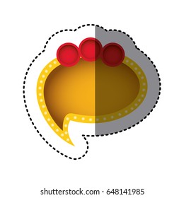 sticker of yellow cloud speech with tail and red circles on top side vector illustration