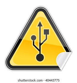 Sticker yellow hazard warning sign with USB symbol on white background