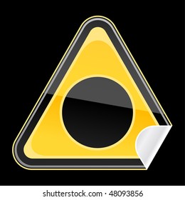 Sticker yellow hazard warning sign with circle symbol and curved corner on black background