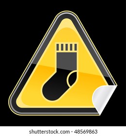 Sticker yellow hazard warning sign with sock symbol on black background