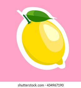 Sticker of yellow lemon slice cartoon vector food on pink background.