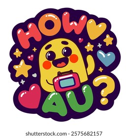 Sticker of a yellow man waving his hand and the inscription how are you. Hand drawn image
