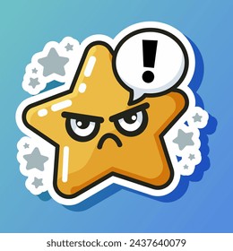 Sticker with yellow thoughtful star form emoticon. Cute cartoon design. Brooding emotion expression. Concept of unknown and doubt. Hesitating face. Isolated on blue background. Vector illustration