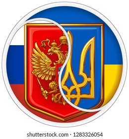 Sticker yin and yang. Coats of arms of Russia and Ukraine on the background of national flags
