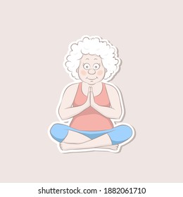 Sticker Yoga Old Woman In Lotus Position.Nice Granny Meditating, Cartoon Design.Vector Illustration.