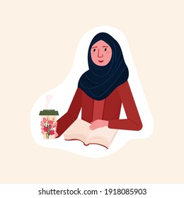 Sticker of young woman in scarf with book. Student studying with textbook. Distance education concept. Female Reader hold cup with coffee. Person prepares to exams.