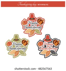 Sticker/Card for Thanksgiving day with vintage feel in 3 colors, vector editable