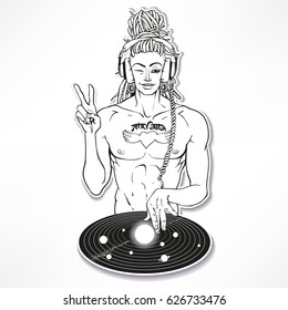 Sticker.Intergalactic DJ Buddha - Super Star with tattoo NIRVANA, Hippie sexy man showing peace sign and winking.Vector illustration for sticker or as a print.Ironic hipster insignia in comic style.