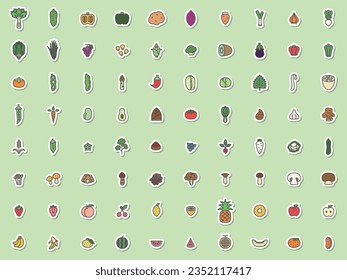 Sticker-like simple vegetable, fruit and mushroom illustration icon set