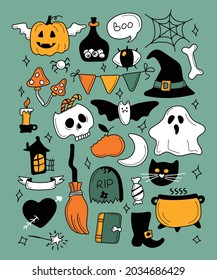 Stickerpack. Bright elements for Halloween design on a blue background. Pumpkin, Skull, Ghost, Gravestone, Spider, Candy, Broom, Hat, Eye, Potion, Bone, and more. Halloween labels, icons and objects