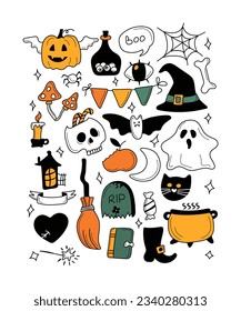 Stickerpack. Bright elements for Halloween design. Pumpkin, Skull, Ghost, Gravestone, Spider, Candy, Broom, Hat, Eye, Potion, Bone, and more. Halloween labels, icons and objects. Happy holiday. All ob