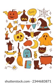 Stickerpack. Bright elements for Halloween design. Pumpkin, Skull, Ghost, Gravestone, Spider, Candy, Broom, Hat, Eye, Potion, Bone, and more. Halloween labels, icons and objects. Happy holiday.