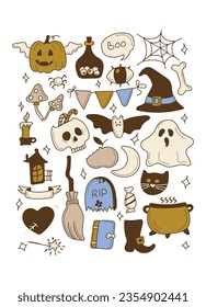 Stickerpack. Bright elements for Halloween design. Pumpkin, Skull, Ghost, Gravestone, Spider, Candy, Broom, Hat, Eye, Potion, Bone, and more. Halloween labels, icons and objects. Happy holiday. All ob