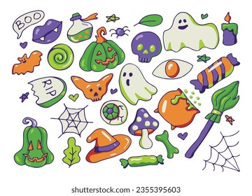 Stickerpack. Bright elements for Halloween design. Pumpkin, Skull, Ghost, Gravestone, Spider, Candy, Broom, Hat, Eye, Potion, Bone, and more. Halloween labels, icons and objects. Happy holiday. All ob