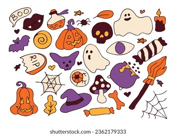 Stickerpack. Bright elements for Halloween design. Pumpkin, Skull, Ghost, Gravestone, Spider, Candy, Broom, Hat, Eye, Potion, Bone, and more. Halloween labels, icons and objects. Happy holiday. All ob
