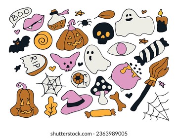 Stickerpack. Bright elements for Halloween design. Pumpkin, Skull, Ghost, Gravestone, Spider, Candy, Broom, Hat, Eye, Potion, Bone, and more. Halloween labels, icons and objects. Happy holiday. 