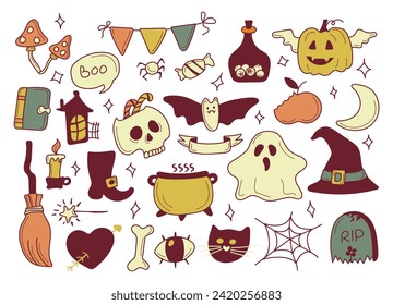 Stickerpack. Bright elements for Halloween design. Pumpkin, Skull, Ghost, Gravestone, Spider, Candy, Broom, Hat, Eye, Potion, Bone, and more. Halloween labels, icons and objects. Happy holiday.