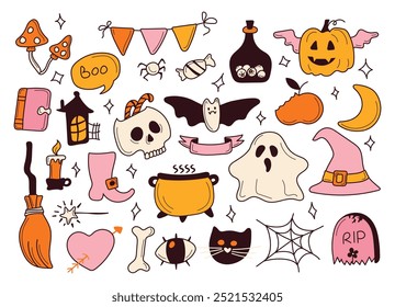 Pegatina. Elementos brillantes para el diseño de Halloween. Calabaza, Cráneo, Fantasma, Lápida, Araña, Caramelo, Escoba, Sombrero, Ojo, Poción, Hueso, y más. Etiquetas, iconos y objetos de Halloween. Felices fiestas.