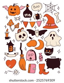 Stickerpack. Bright elements for Halloween design. Pumpkin, Skull, Ghost, Gravestone, Spider, Candy, Broom, Hat, Eye, Potion, Bone, and more. Halloween labels, icons and objects. Happy holiday.