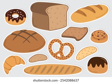 Stickerpack of different bakery products and bread. Flat style elements of food