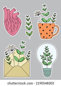 Stickerpack der handgezeichneten Illustration. Pflanzensatz, Tasse, Glühbirne, Umschlag und Herz