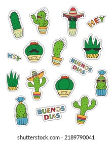 Stickerpack Of Mexican Cute Cacti With Mustache And Sombrero. Doodle Style, Bright Colors.