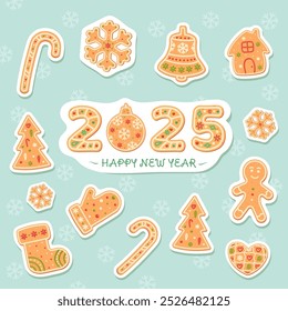 Pegatinas para el año nuevo 2025. Pan de jengibre. Conjunto de pegatinas de galletas. Ilustración vectorial aislada eps 10