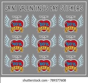Stickers about sale and off-price on Valentine's Day, handwritten and cute, eps 10 