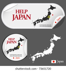 Stickers with advertisement. Help Japan map with danger on an atomic power station and seismic epicenter. Vector illustration.