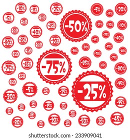 Stickers for advertising. Round, red. Discount percentages.