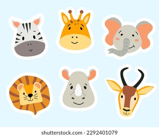 Stickers with African animals. Beautiful stickers with the faces of wild animals. Zebra, elephant, lion, giraffe, antelope and rhinoceros in flat cartoon style. Isolated background.