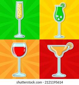 Stickers  with alcoholic drinks on the bright background. Vintage pop art style style.