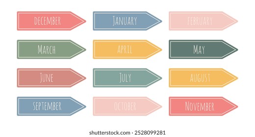 Stickers, arrows, bookmarks with name of 12 months of year. For document management, notes, planners, diary, scrapbooking