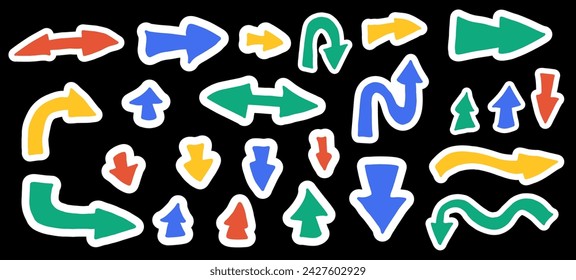 Stickers arrows set. Collection of pointers. Hand drawn isolated design elements symbols. left, right, down, up, forward direction sings. Vector illustration.