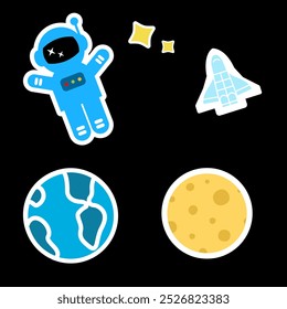 Stickers with astronaut globe moon and rocket plane