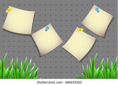 Stickers attached to simple wallpaper. Pot with a plant from below.