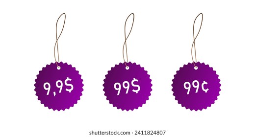 Stickers with an attractive price. Flat, purple, 9.95, 99$, 99 cents stickers on rope, tempting price icons. Vector icons