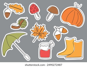 Pegatinas con Elementos de otoño. Ilustración vectorial para el otoño acogedor, eps 10, imprimible.